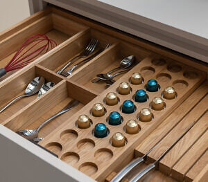 The Drawer Solutions® modules are made of solid oak, varnished clear (matte) and offer a variety of options to organise your drawers and pull-outs.